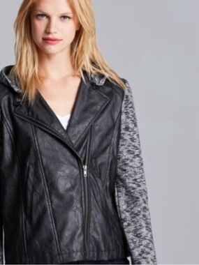 UO JACK By BB Dakota Faux Leather Sweater Knit Marl Sleeve Hooded Moto Jacket M
